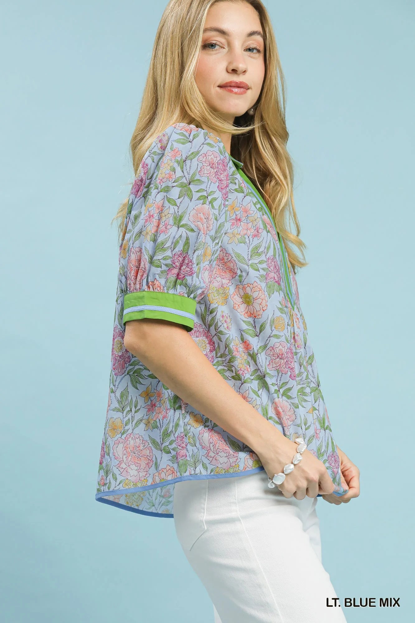 Umgee Mix Floral Puff Sleeve Blouse with Contrast Trim in Blue - Glamourous Grace