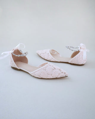Evening Crochet Lace Pointy Toe Flats with Amaryllis Crystal Strap