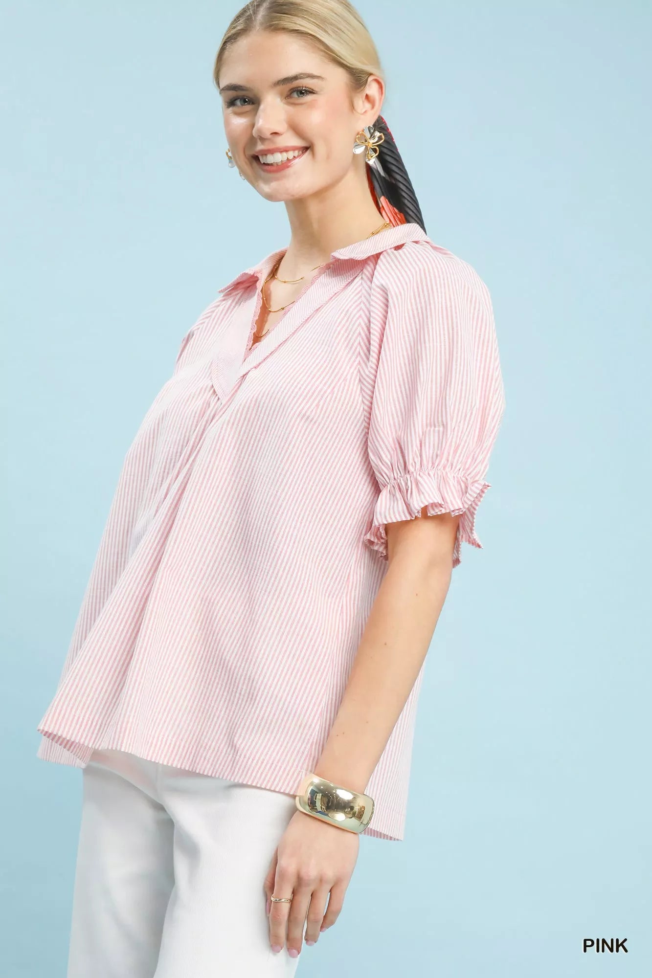 Umgee Pinstripe V-Neck Ruffle Sleeve Blouse - Glamourous Grace