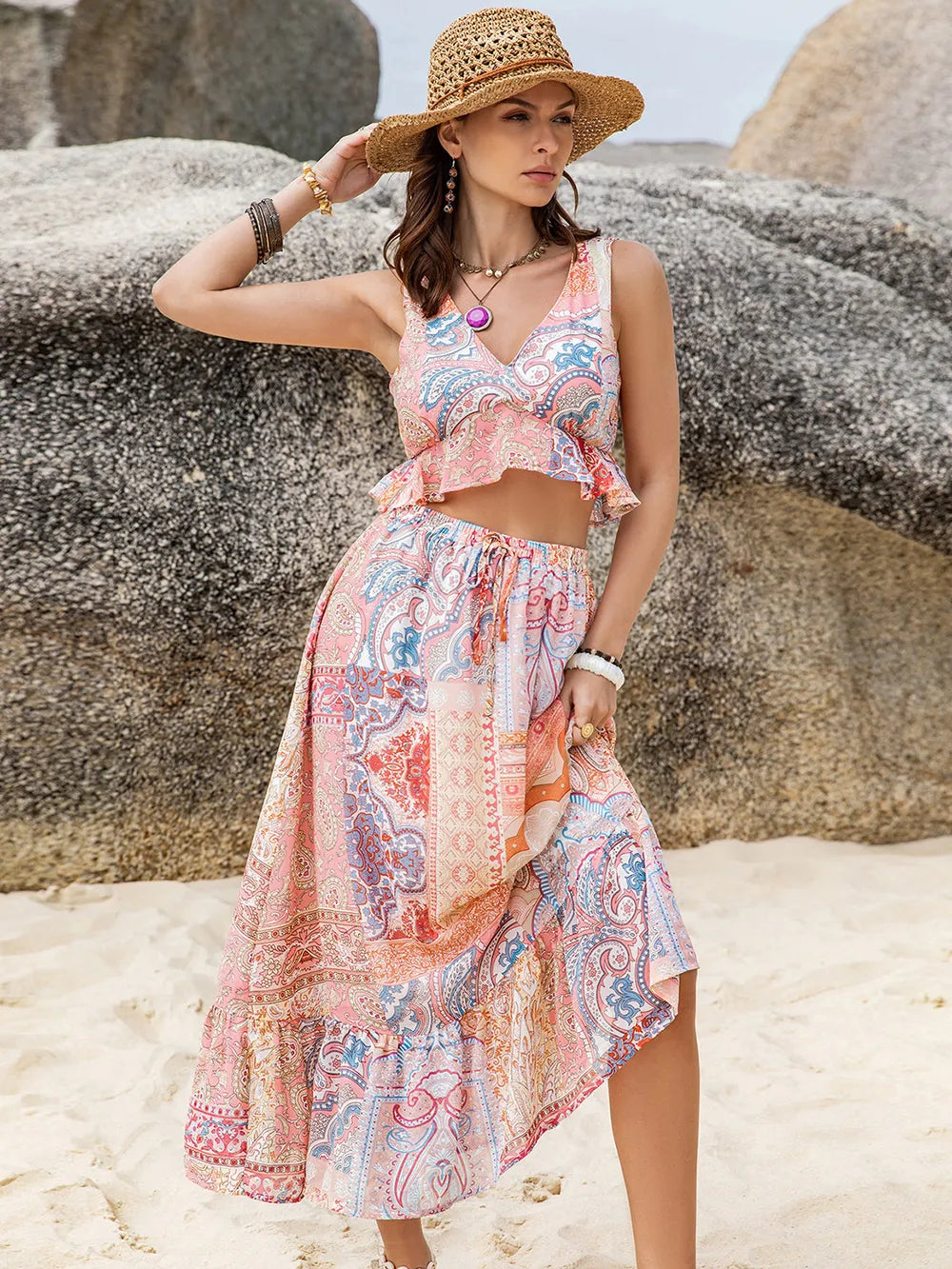 Printed V-Neck Top and Midi Skirt Set - Glamourous Grace