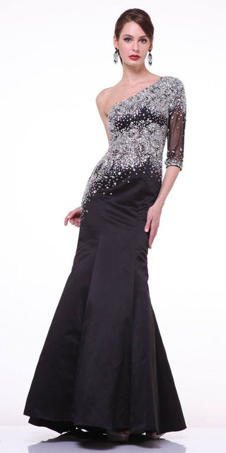 Cinderella Divine 8789 Mermaid Dress One Shoulder Sleeve Embellished Sheer Bodice