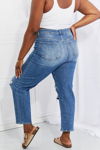 RISEN Emily High Rise Destroyed Straight Leg Relaxed Fit Cropped Blue Denim Jeans