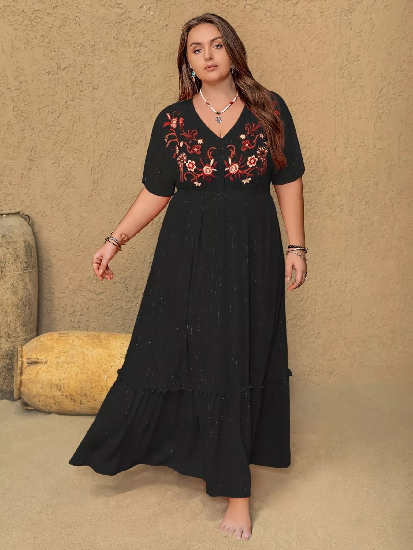 Plus Size Embroidered V-Neck Maxi Dress - Glamourous Grace