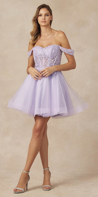 Juliet 880 Glitter Tulle A-Line Cold-Shoulder Homecoming Dress.