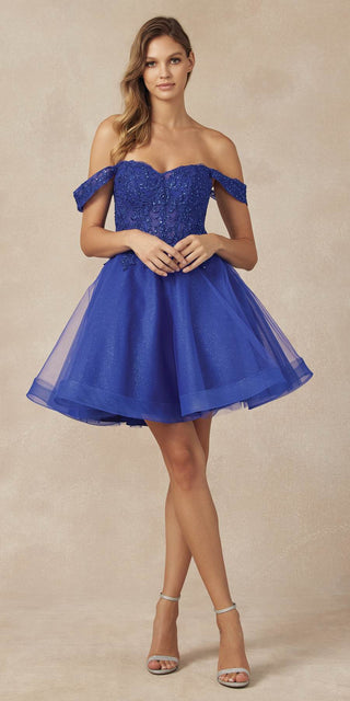 Juliet 880 Glitter Tulle A-Line Cold-Shoulder Homecoming Dress.