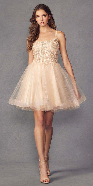 Juliet 883 Short A-Line Glitter Tulle Skirt Square Neck Thin Strap Dress