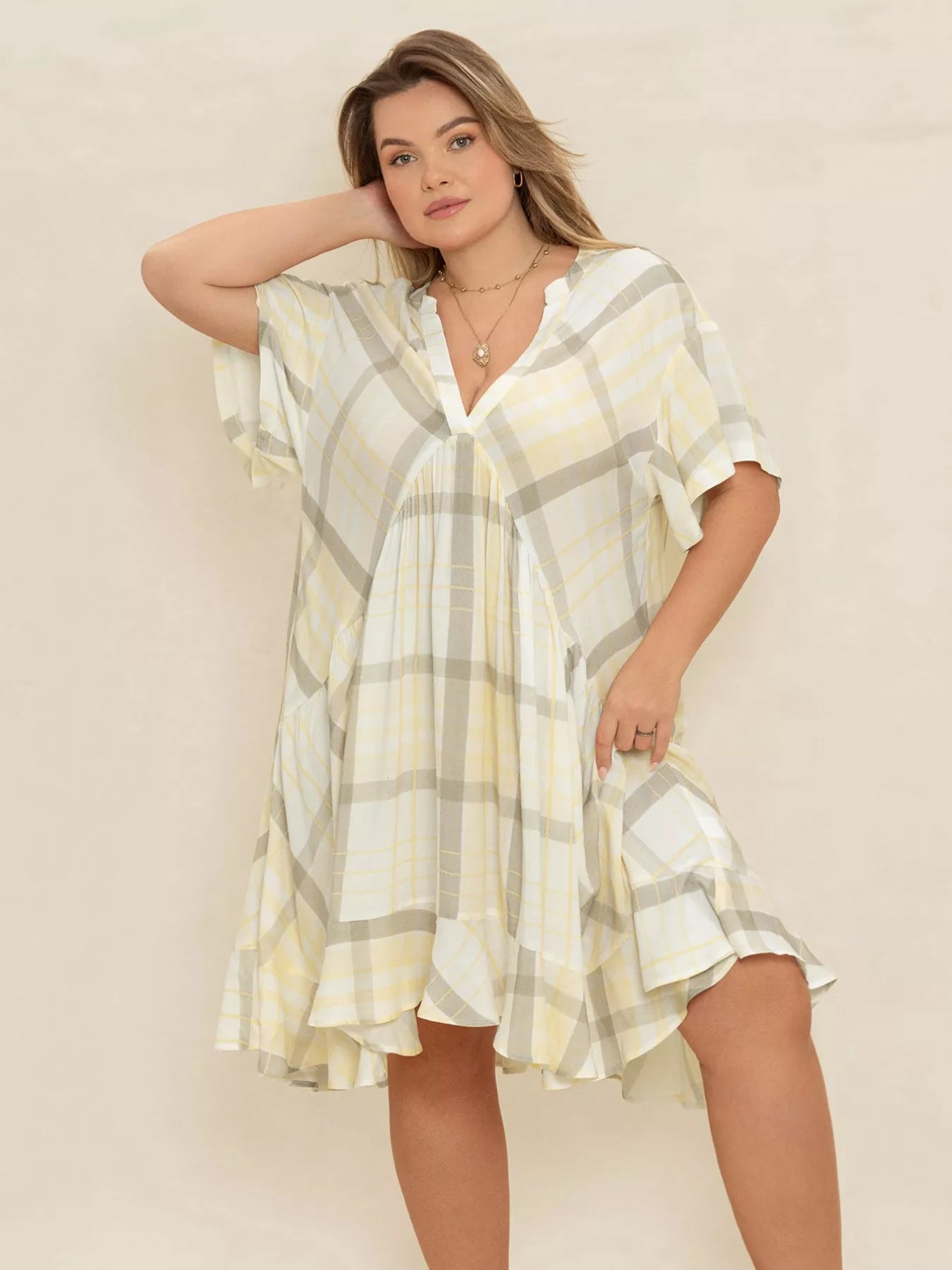 Plus Size Plaid Flutter Sleeve Dress - Glamourous Grace