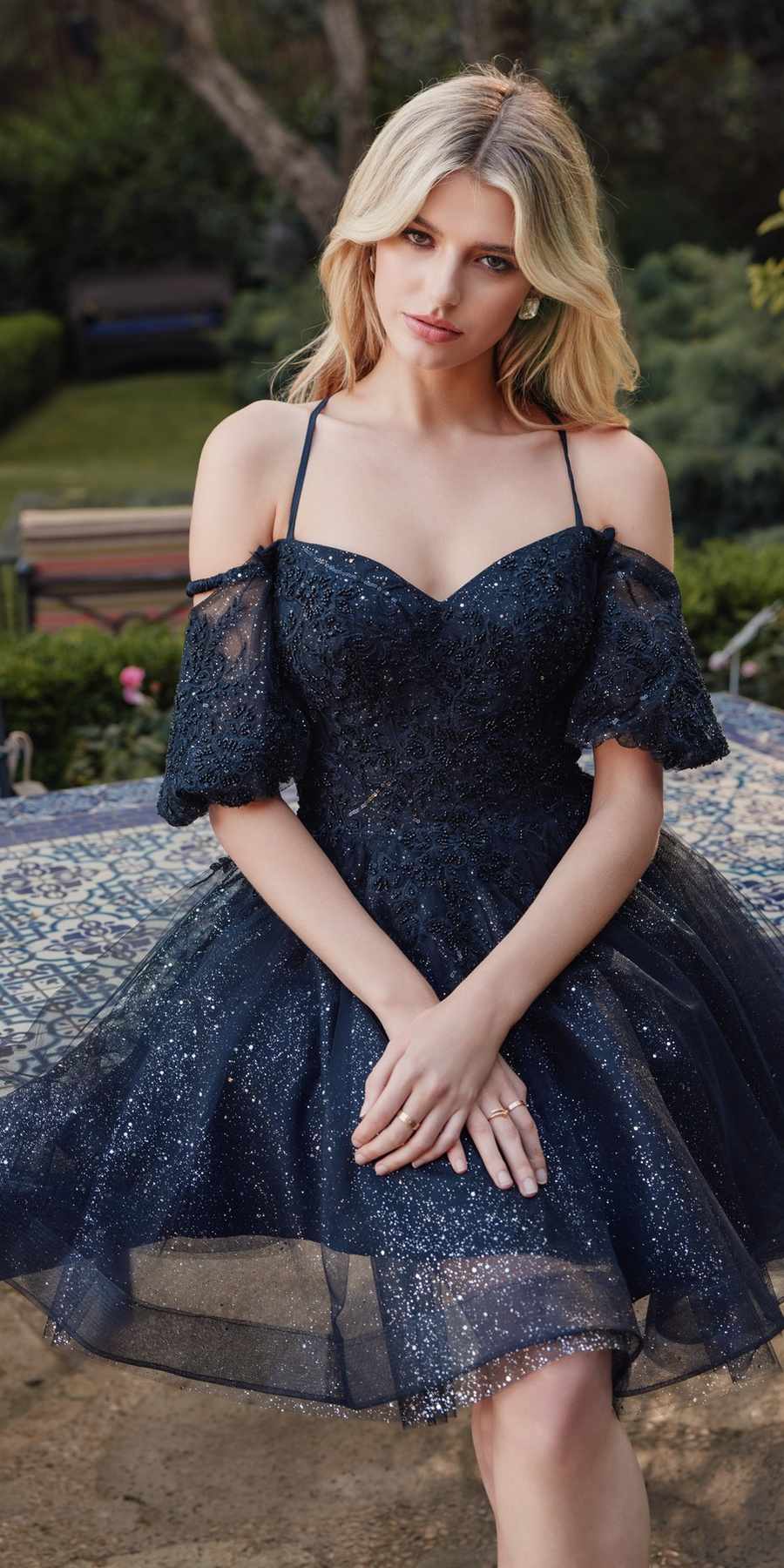 Juliet 886 Short Removable Off Shoulder Puff Sleeves A-Line Tulle Dress - Glamourous Grace