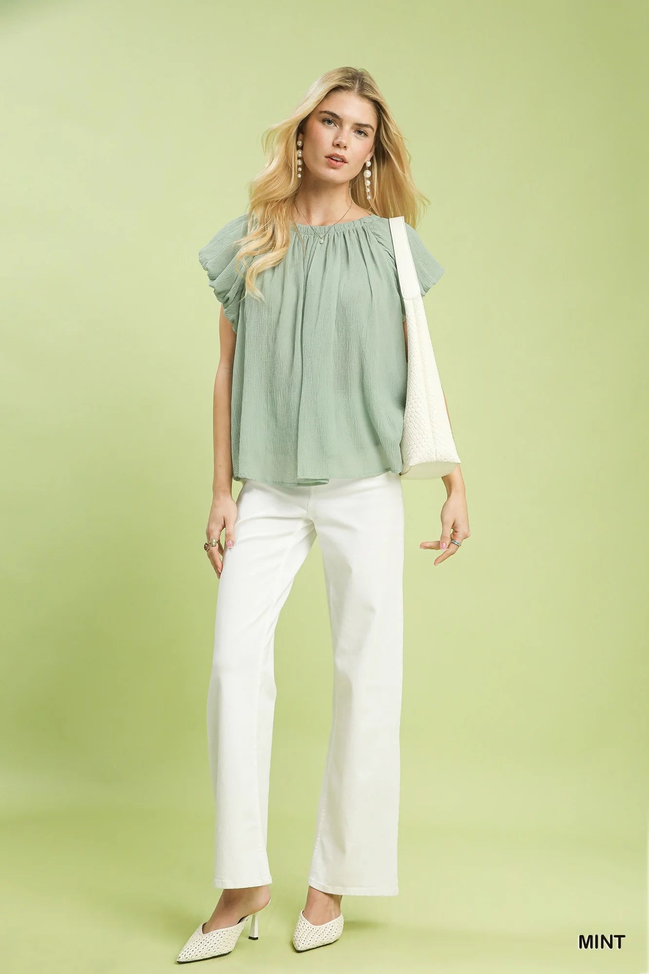 Umgee Crinkle Flutter Sleeve Peasant Top in Mint - Glamourous Grace
