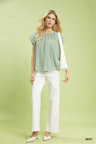 Umgee Crinkle Flutter Sleeve Peasant Top in Mint - Glamourous Grace
