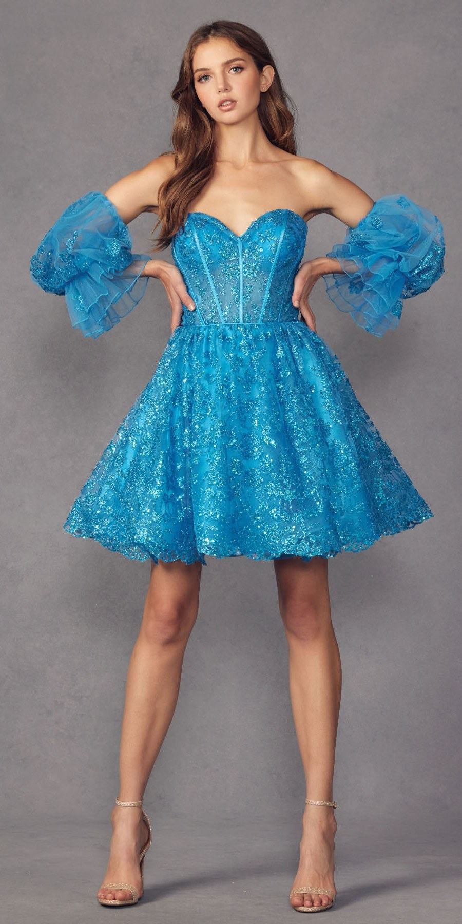 Juliet 895 Short A-Line Glitter Boned Dress Detachable Puff Sleeves - Glamourous Grace