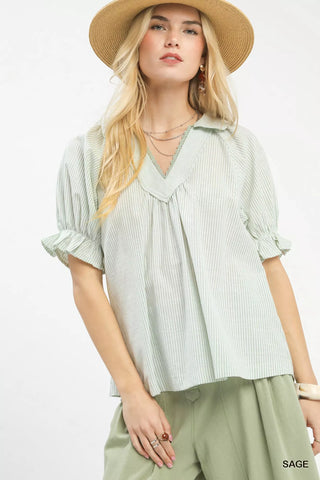 Umgee Pinstripe V-Neck Ruffle Sleeve Blouse - Glamourous Grace