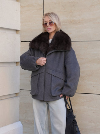 Rimini Genuine Fur Trim Wool Blend Parka in Graphite