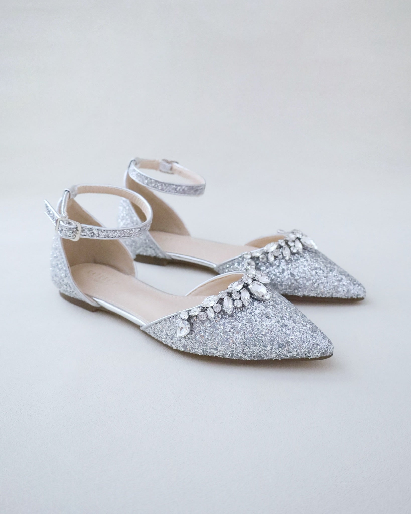Pointy Toe Glitter Ankle Strap Flats with Teardrop Rhinestones
