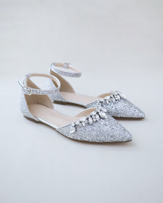 Pointy Toe Glitter Ankle Strap Flats with Teardrop Rhinestones