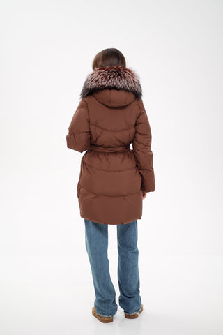 Tyler Genuine Silver Fox Down Coat in Chocolate