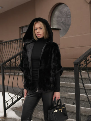 Genuine Scandinavian Mink Fur Poncho with Fully Lined Mink Hood