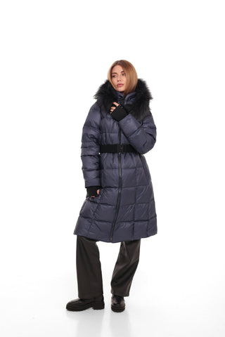 Cyrus Genuine Fur Trim Down Fill Coat in Navy