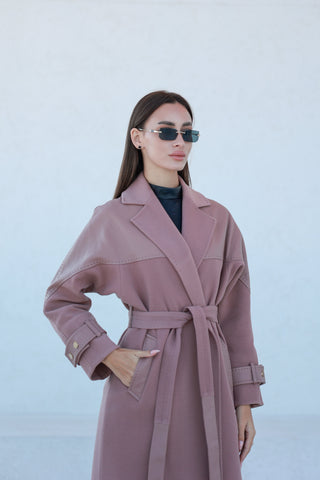 Rose Leather Trim Cashmere Blend Overcoat