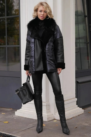 Audrey Genuine Lamb Leather Fox Fur Down Coat in Dark Sapphire