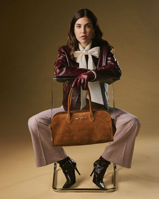 Chiara (cognac) - Italian calf suede women's handbag (with shoulder strap) - Glamourous Grace