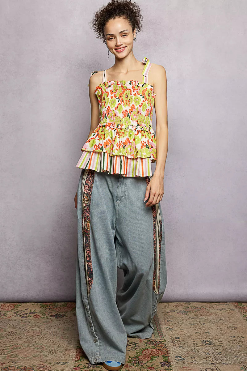 POL Floral Smocked Ruffled Cami with Tie Shoulder Straps - Glamourous Grace