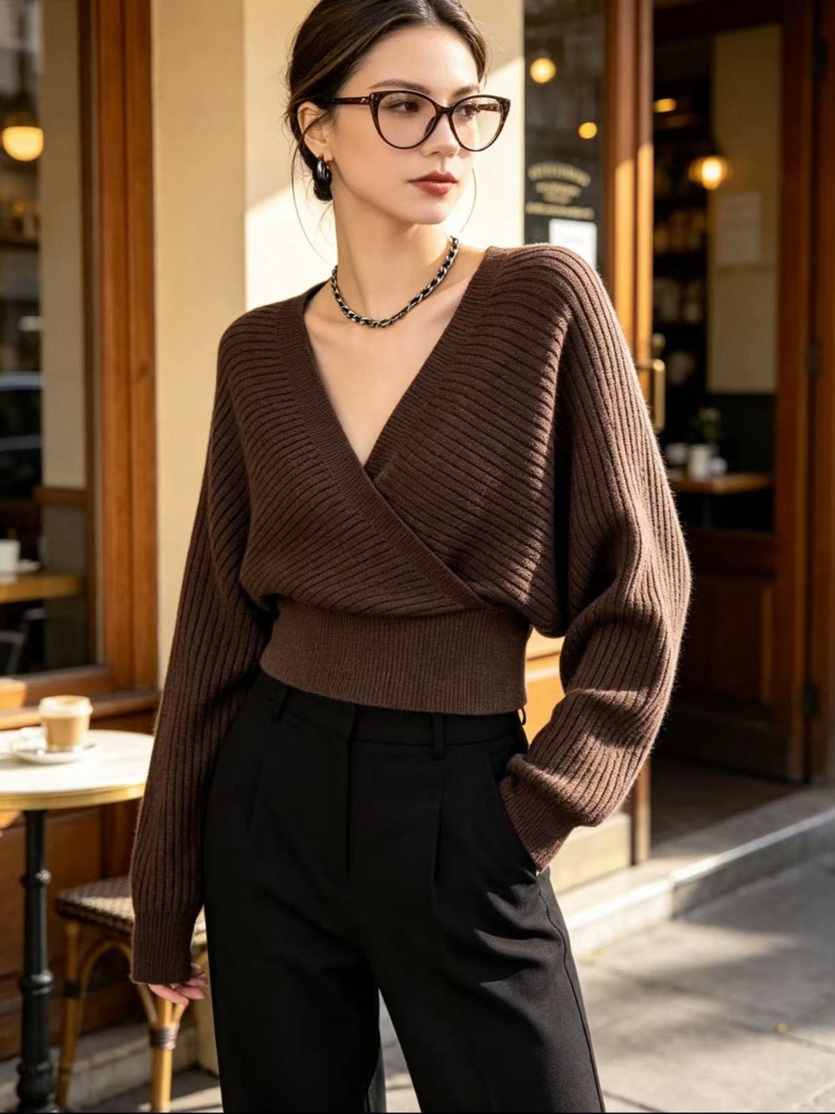 Women New Autumn-Winter Pullover Knit Sweater Off-The-Shoulder Batwing Sleeve V-Neck Stylish Trendy Knit Top