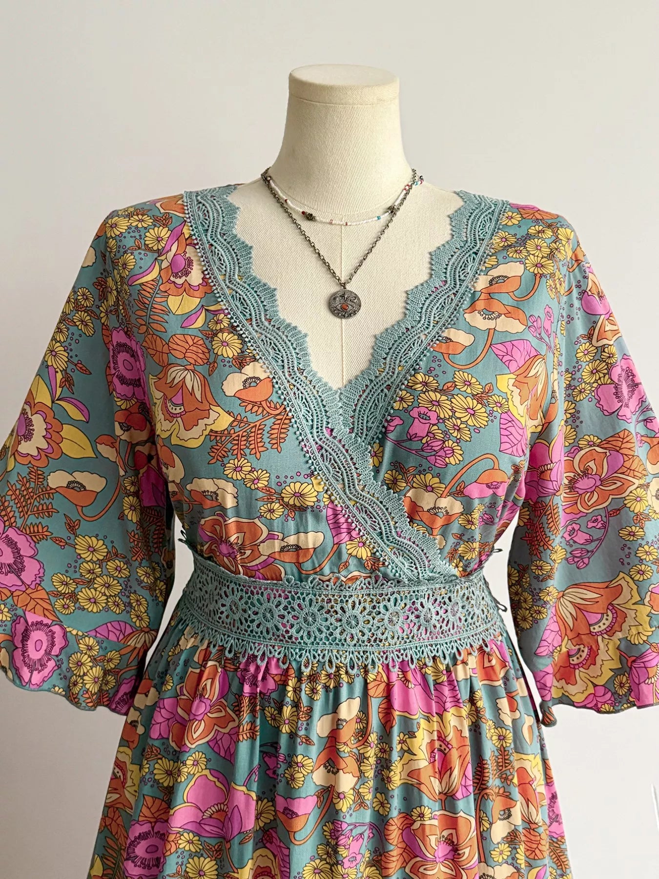 Plus Size Lace Detail Floral Surplice Dress - Glamourous Grace