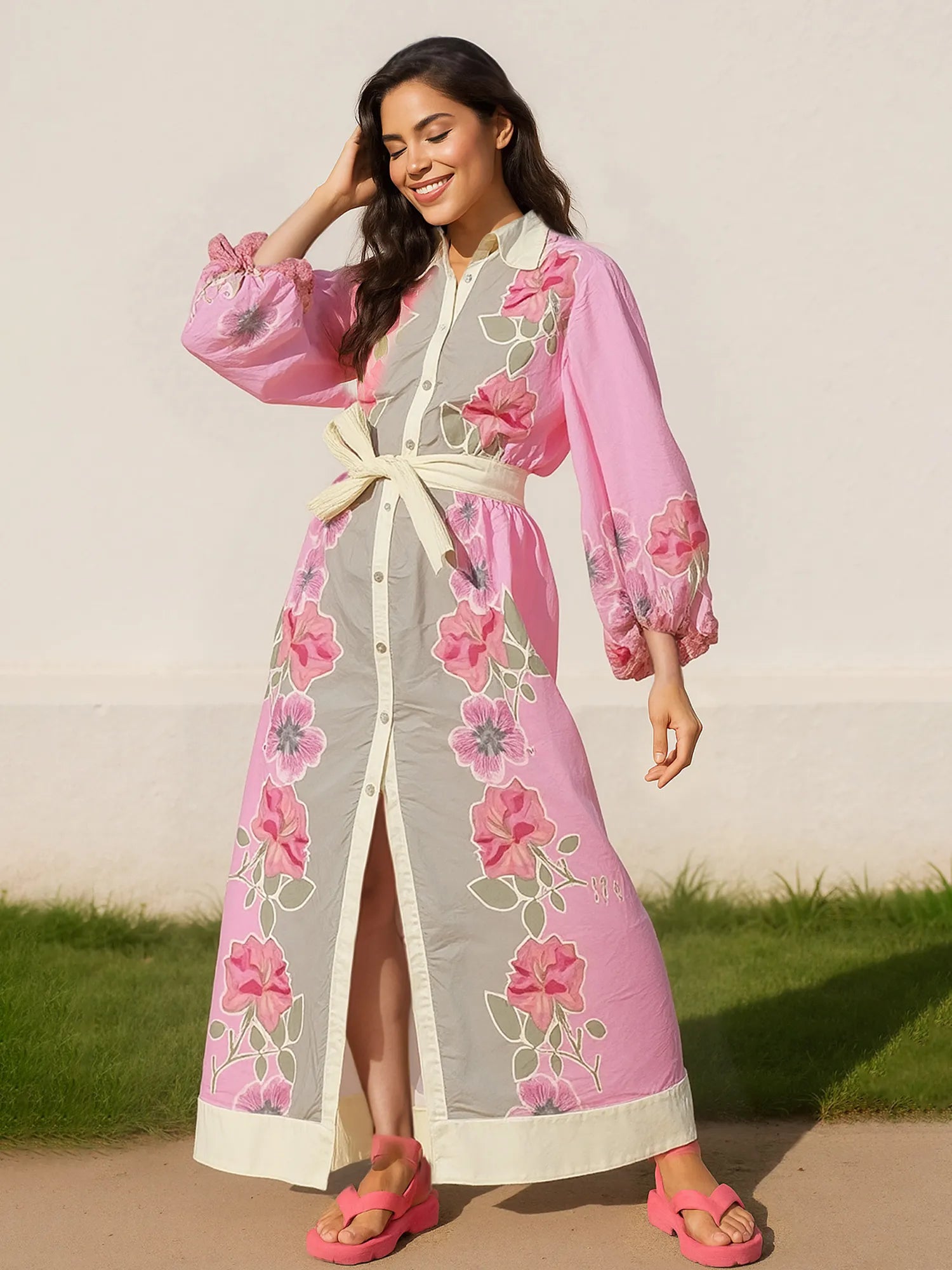 Floral Print Long Sleeve Maxi Shirt Dress - Glamourous Grace
