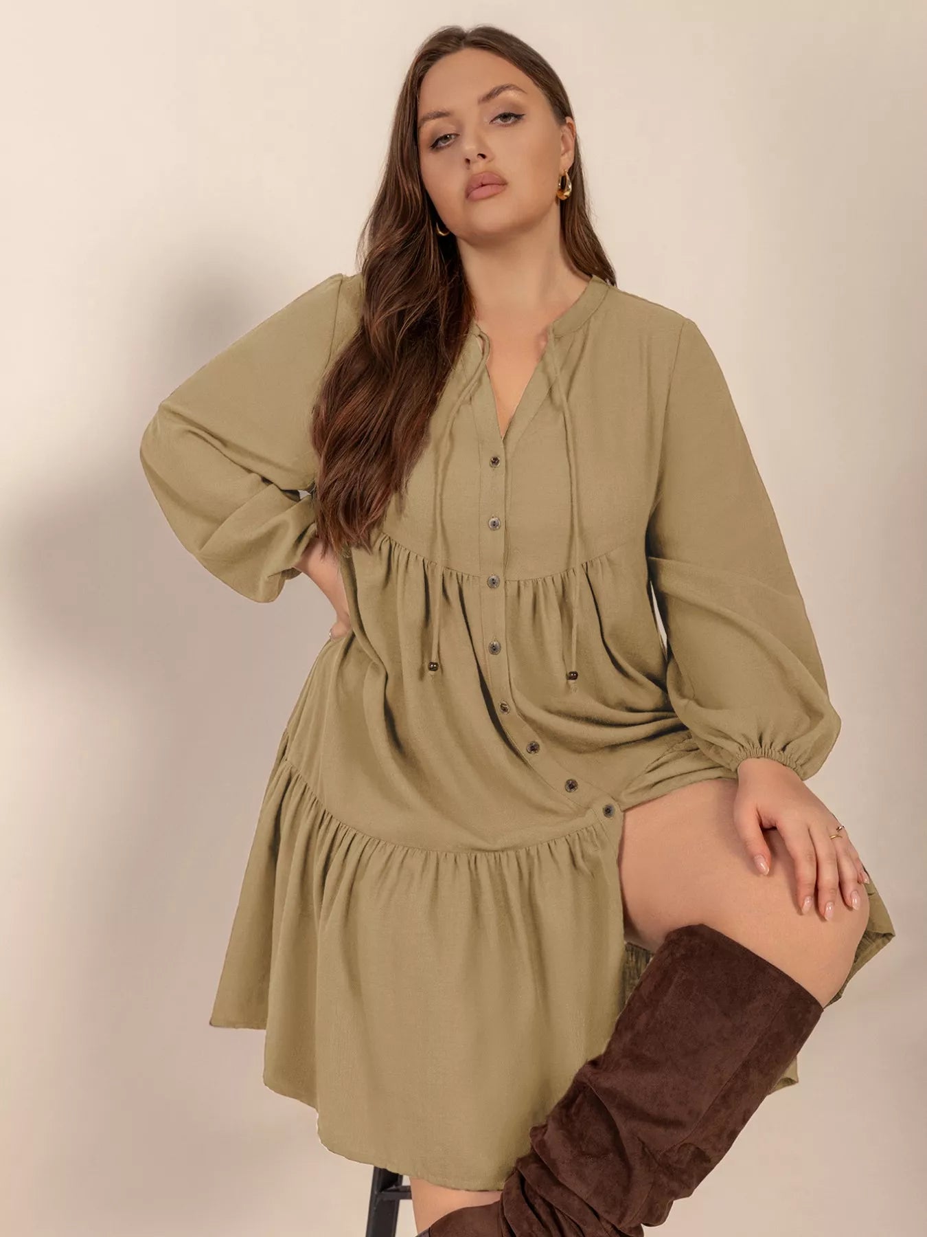 Plus Size Tie Neck Balloon Sleeve Dress - Glamourous Grace