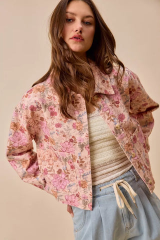 SO ME Floral Print Cotton Twill Button Down Barn Jacket - Glamourous Grace