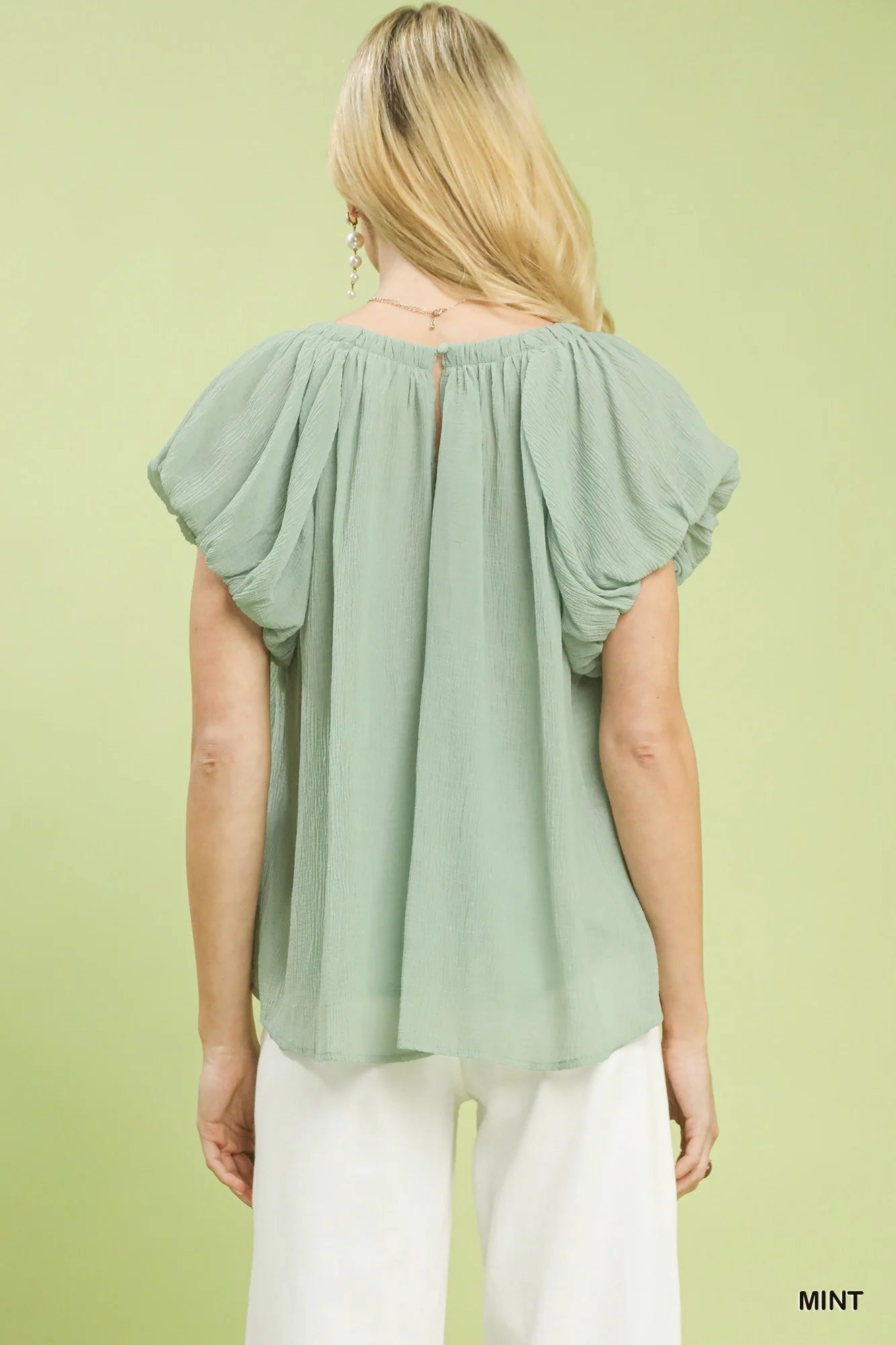 Umgee Crinkle Flutter Sleeve Peasant Top in Mint - Glamourous Grace