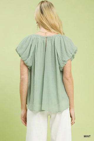 Umgee Crinkle Flutter Sleeve Peasant Top in Mint - Glamourous Grace