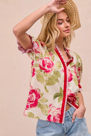 BiBi Floral Printed Woven Contrast Edge Ruffled Blouse - Glamourous Grace