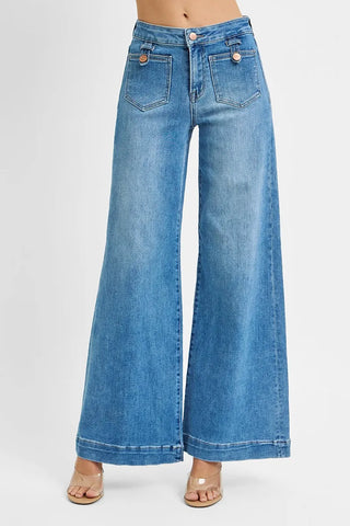 RISEN Mid Rise Wide Front Patch Pocket Denim Jeans