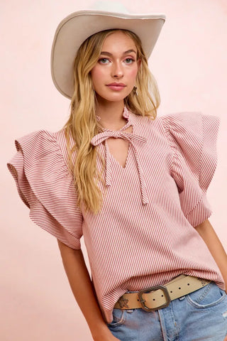 BiBi Twill Striped Ruffle Sleeve Blouse - Glamourous Grace