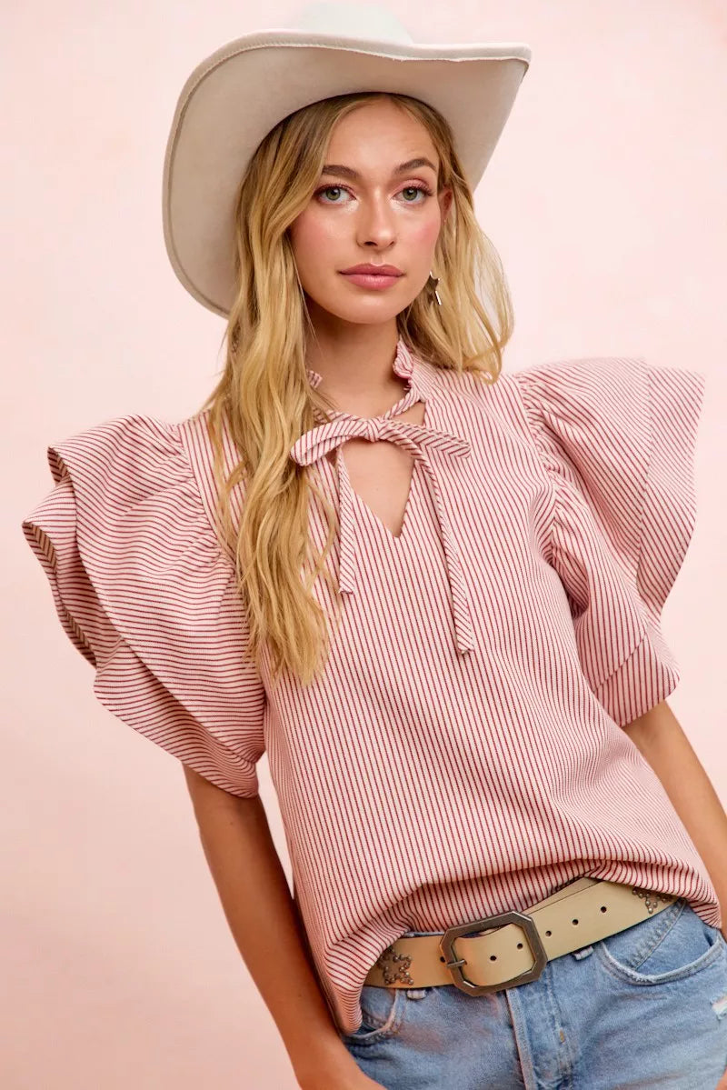 BiBi Twill Striped Ruffle Sleeve Blouse - Glamourous Grace