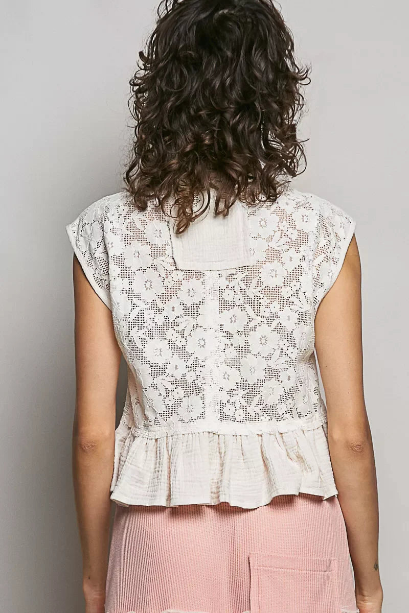POL Round Neck Lace Sleeveless Top with Double Gauze Ruffle - Glamourous Grace