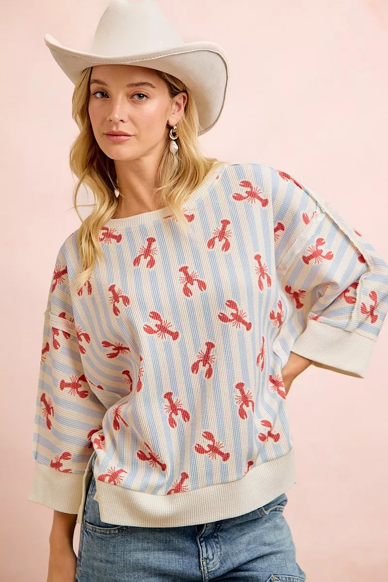 BiBi 4th Of July Lobsters Stripe Waffle Knit Sleeve Top - Glamourous Grace