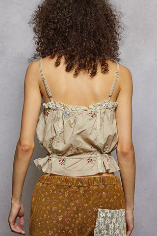 POL Button Down Floral Embroidered Cropped Cami with Lace Detail - Glamourous Grace
