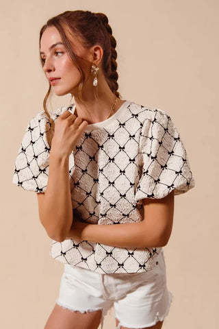 SO ME Bow Texture Woven Bubble Sleeve Top - Glamourous Grace