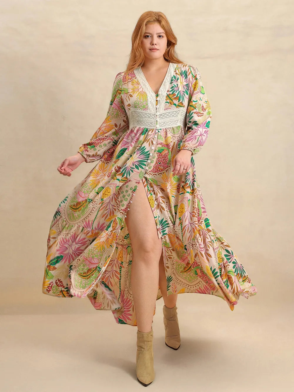 Plus Size Lace Detail Printed V-Neck Balloon Sleeve Dress - Glamourous Grace