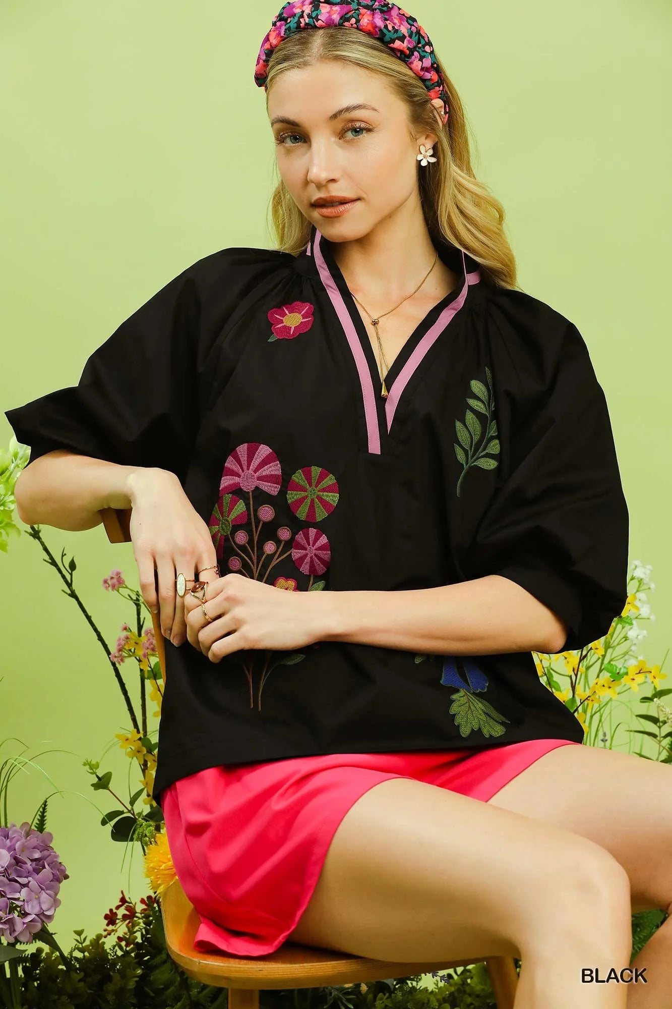Umgee Embroidered Floral V-Neck Blouse - Glamourous Grace