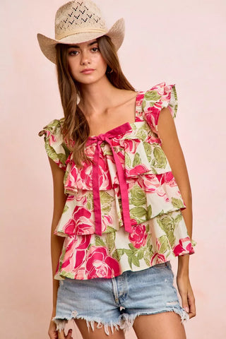 BiBi Floral Print Woven Bow Tie Ruffle Square Neck Top - Glamourous Grace