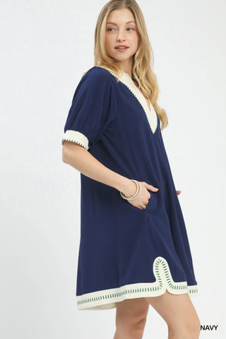 Umgee Linen Contrast Trim Midi Dress in Navy - Glamourous Grace