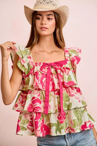 BiBi Floral Print Woven Bow Tie Ruffle Square Neck Top - Glamourous Grace