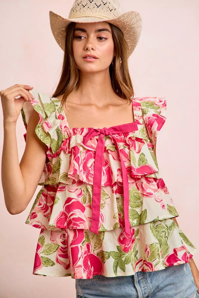 BiBi Floral Print Woven Bow Tie Ruffle Square Neck Top - Glamourous Grace