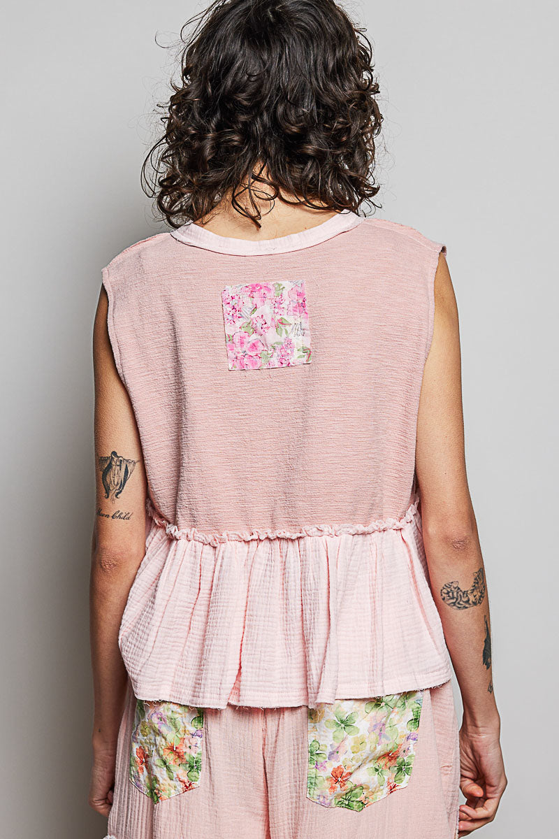 POL Floral Patch Ruffled Sleeveless Top with Raw Edge Detail in Pink - Glamourous Grace