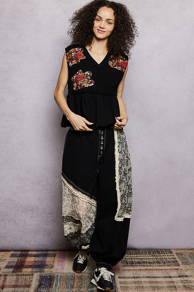 POL Floral Patch Ruffled Sleeveless Top with Raw Edge Detail - Glamourous Grace