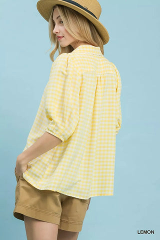 Umgee Gingham Puff Sleeve Collared Blouse - Glamourous Grace